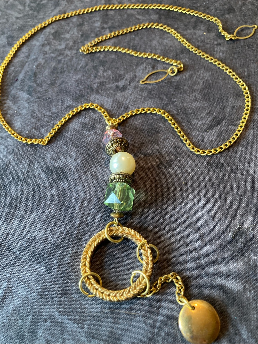 Gold-Tone Beaded Pendant Necklace with Green and Pink Accents